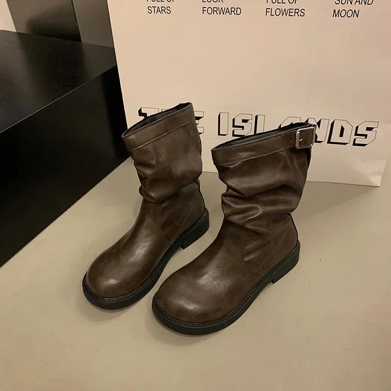 Fashion Low Heel Women Western Cowgirl Boots Fashion Slip On Belt Buckle Shoes Retro Style Autumn Winter Ladies Knight Short Booties