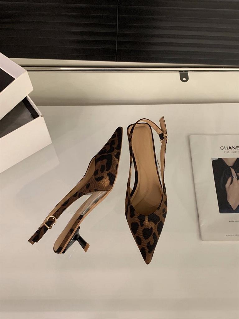 French Kitten Heel High Heels Leopard Print Bag Head Sandals Women's Shoes 2025 Summer Pointed Head Temperament with Skirt Single Shoes