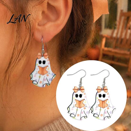 Comfortable Daily Earrings Cute Reading Ghost Earrings, Sweet Bowknot Drop Lightweight Acrylic Halloween Jewelry for Women Girls Dangle