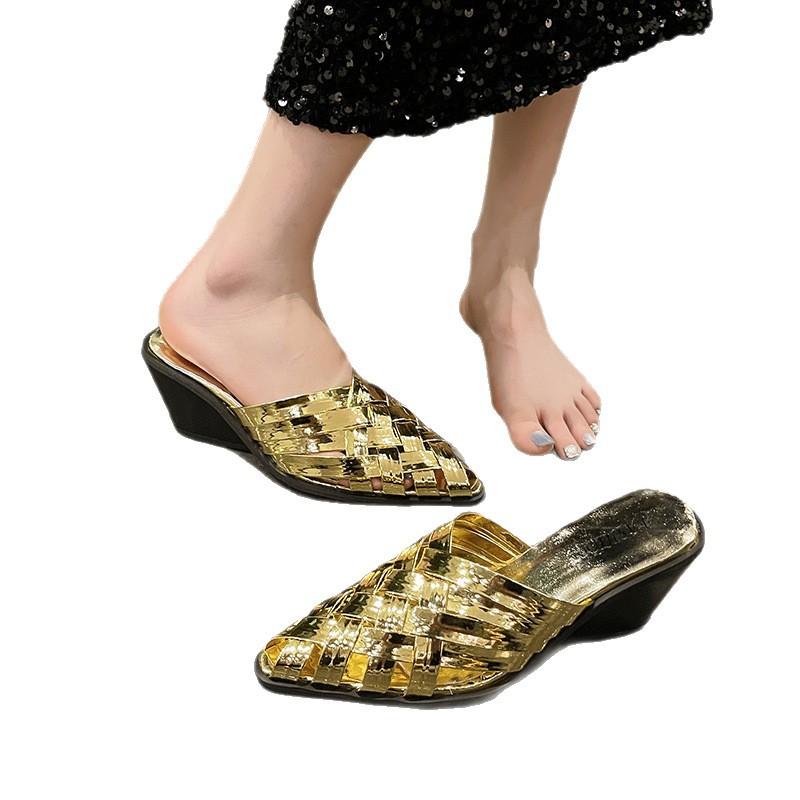 Модные женские плетеные сандалии на танкетке с толстой подошвой и острым носком, большого размера, повседневная пляжная обувь