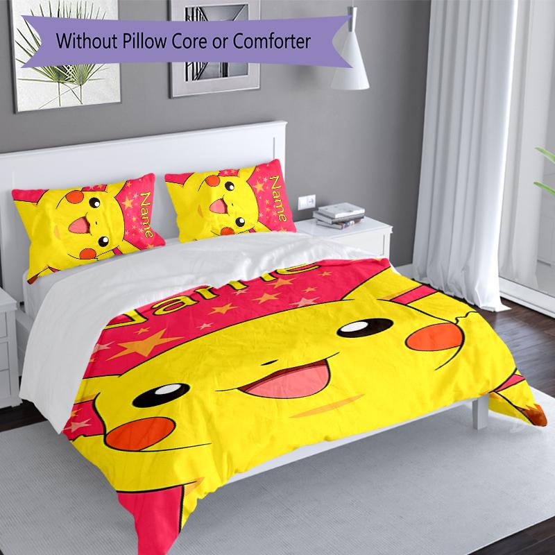 3pcs Custom Name Pokémon Pikachu Bedding Set,Includes 1 Duvet Cover and 2 Pillowcases,All-season Bedroom Decor