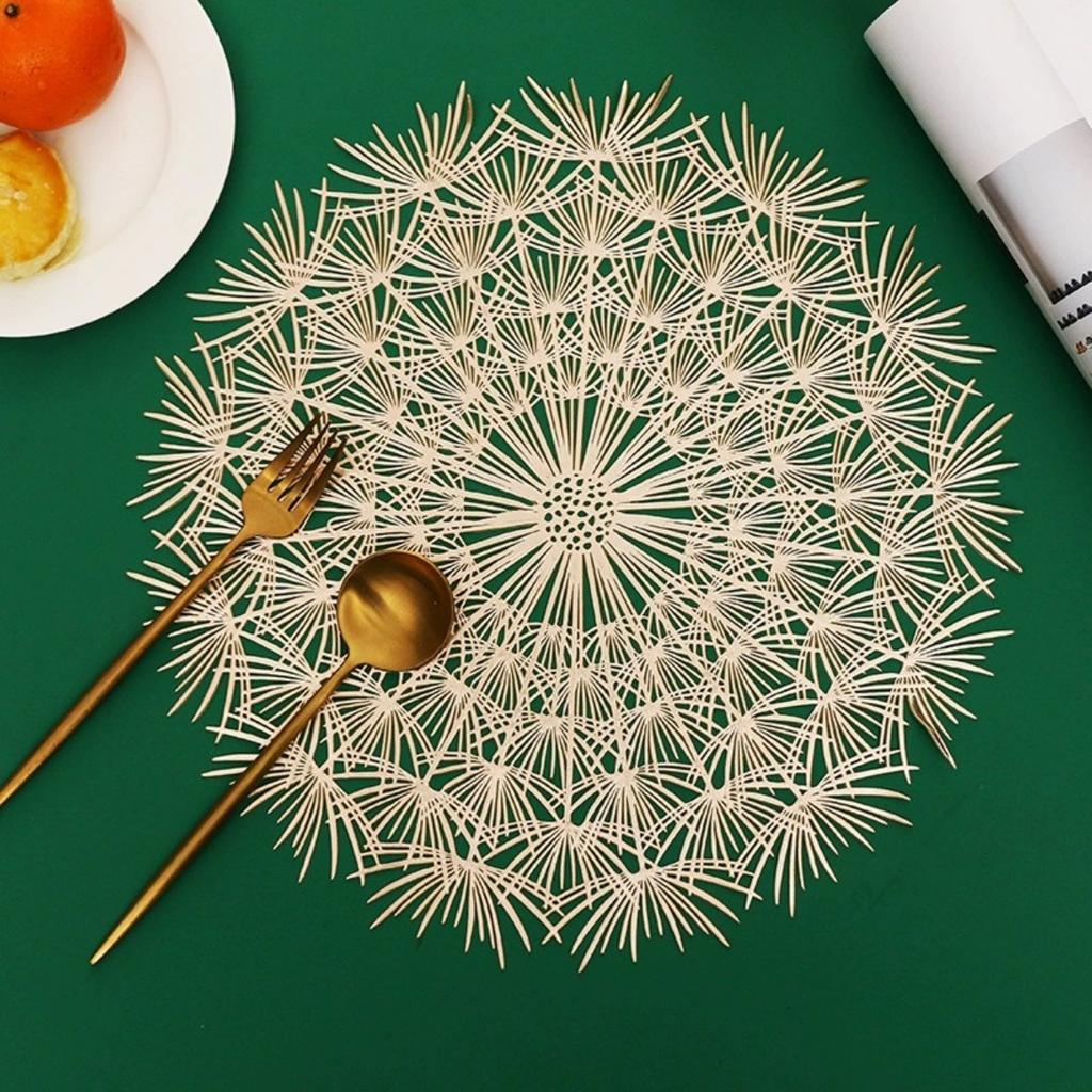 4PCS Round Gold Placemats Elegant Tablemats-Dandelion Flower Shape Placemats Vinyl Place Mats for Kitchen Dining Table Holiday Wedding Decorative