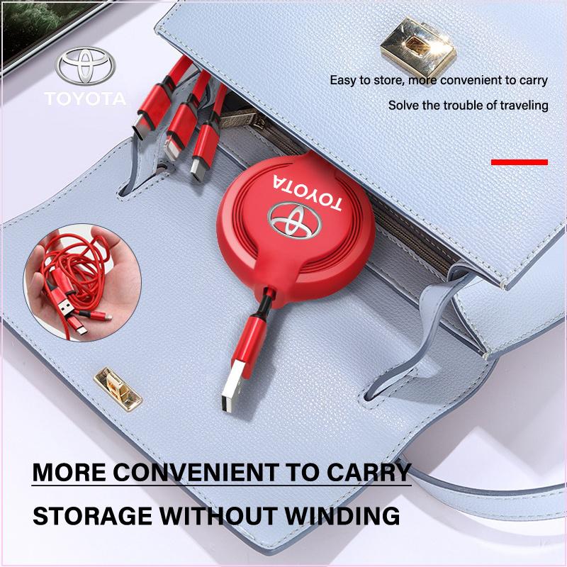 3in1 Retractable Fast Charge Data Cable USB Android Type-C IPhone for Toyota Trd GR Corolla Yaris Chr Auris RAV4 Land Cruiser Camry Highlander
