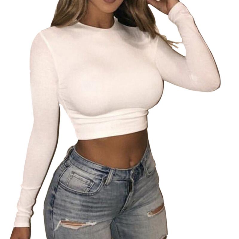 2026 Fashionable Solid Color Short Slim Fit Cropped Long Sleeve T-Shirt for Women with Round Neck