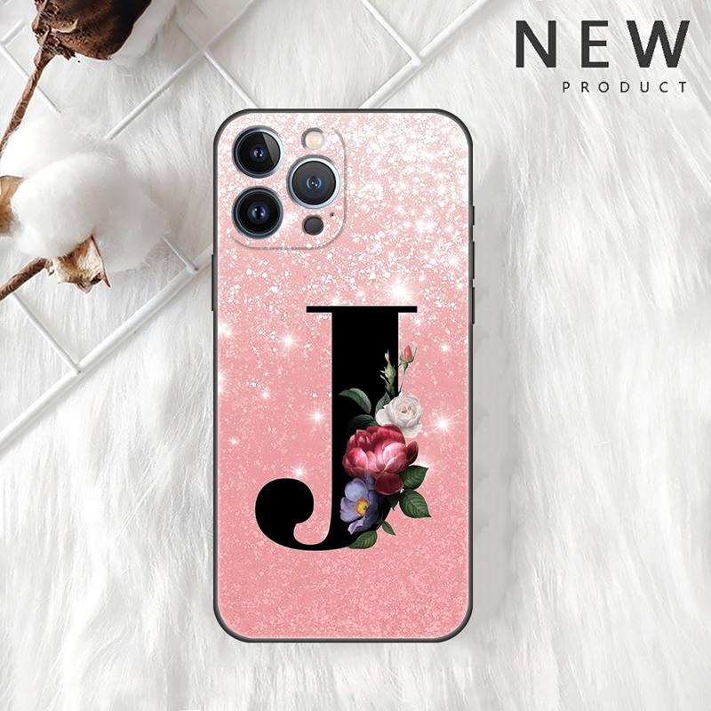 Letter A B C Flowers Pink Case For Apple iPhone 11 15 13 14 Pro Max 12 Plus X 15Pro Black Silicone Phone Coque