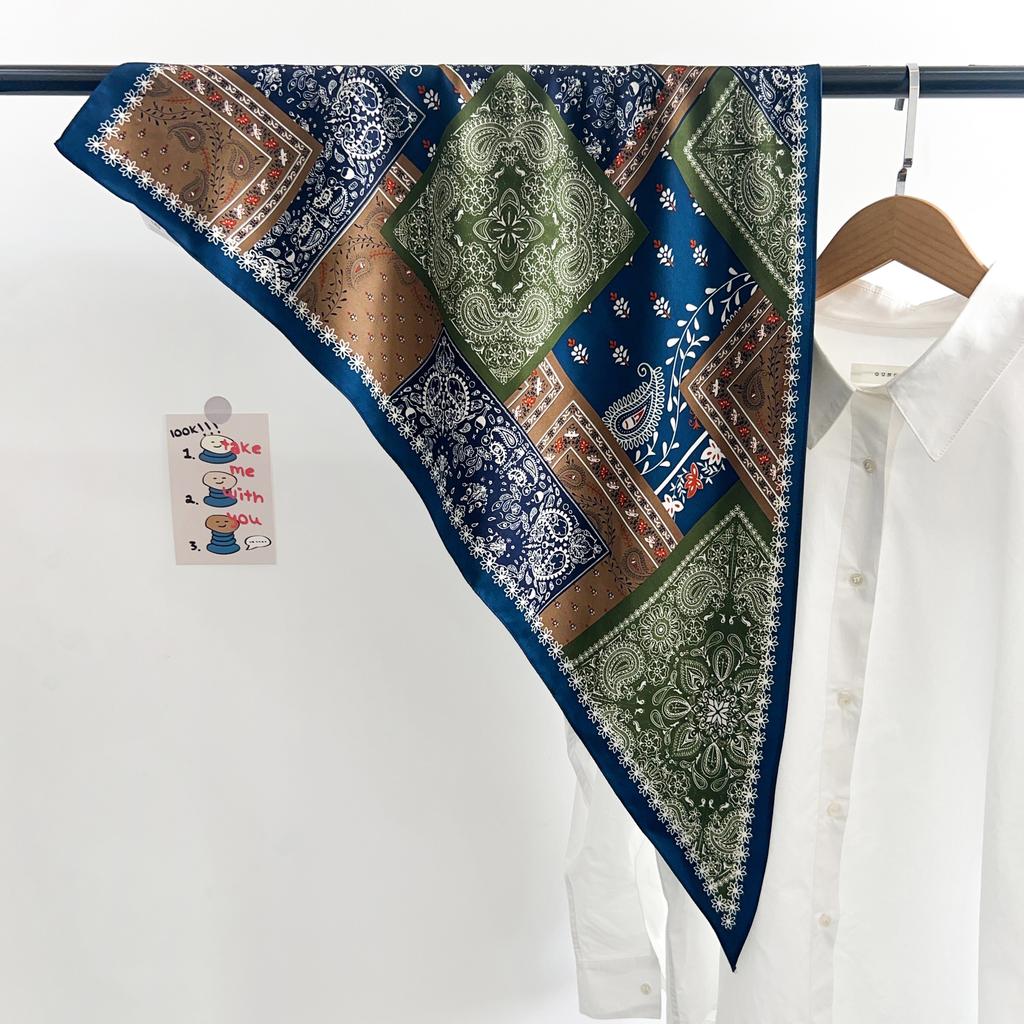 Korean design retro literary blue striped triangle scarf silk scarf summer thin scarf neck accessories small scarf