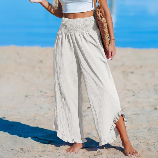 Женские повседневные брюки, плиссированные, эластичные, с высокой талией, широкие длинные брюки с карманами, манжетами-оборками, свободные брюки для отдыха