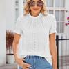 Повседневные свободные плиссированные футболки с воротником-стойкой, весна-лето 2024, женская кружевная блузка с коротким рукавом, элегантные топы с вырезами 30561