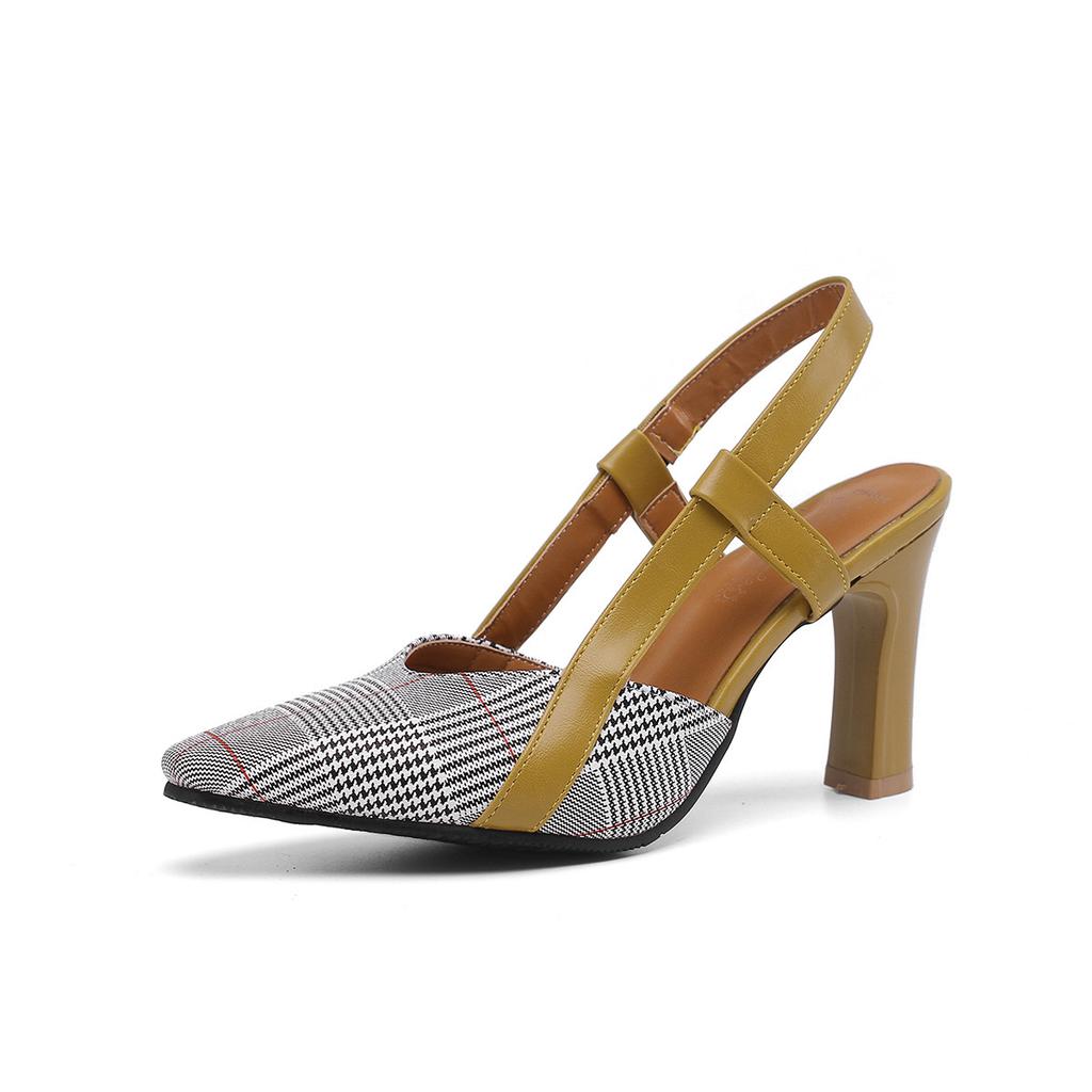 2019 новые модные элегантные женские босоножки в клетку корейской версии с острым носком и толстым каблуком