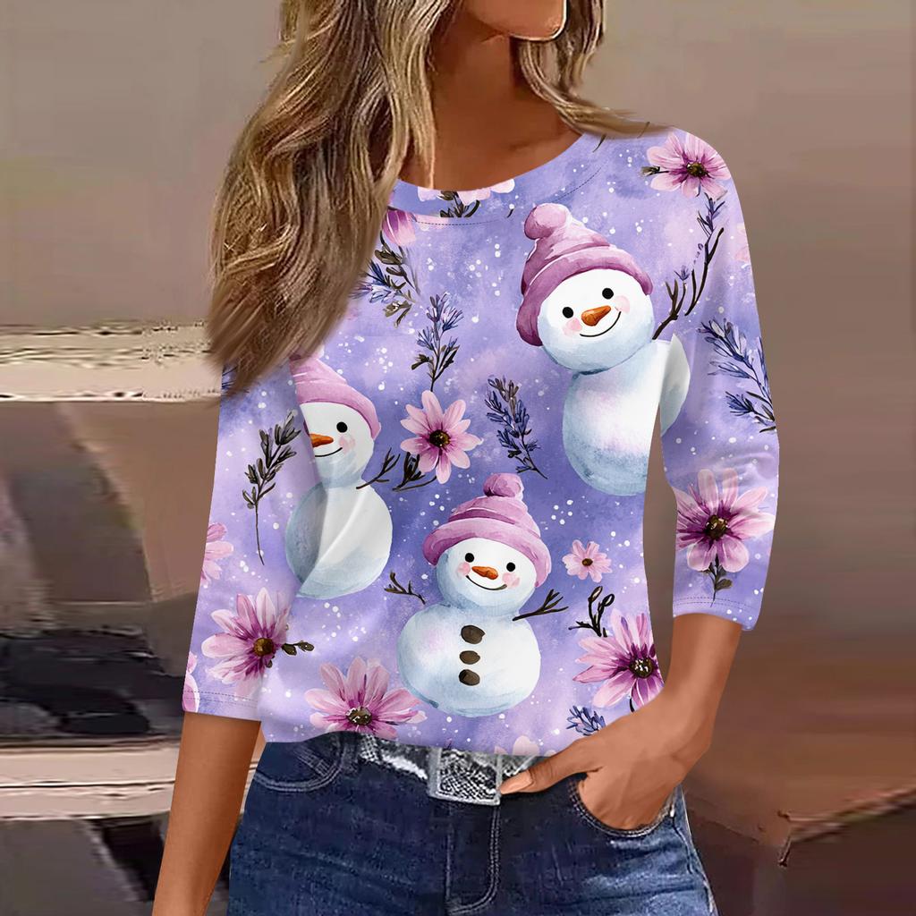 3/4 Length Sleeve Womens Tops Floral Print Vintage Fashion Casual Loose With Round Neck Plus Size Shirts