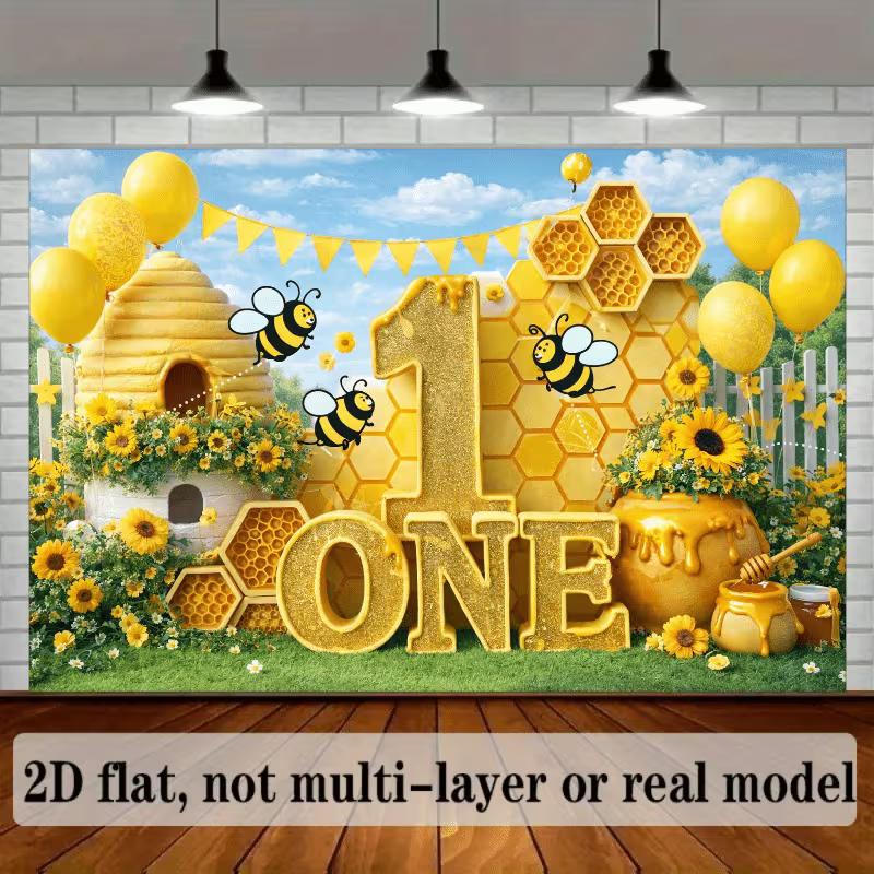 2D Bee and Honey Themed First Birthday Backdrop Photo Background Banner