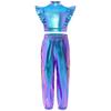 Girls Hip-Hop Dance Costume Mock Neck Rhinestone Mesh Patchwork Sleeveless Metallic Ruffle Top Paired with Shiny Cargo Pants for Competition