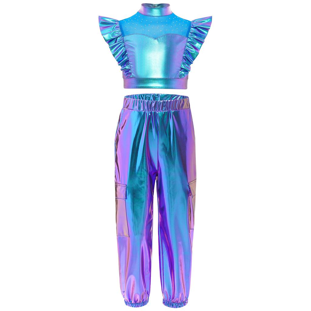 Girls Hip-Hop Dance Costume Mock Neck Rhinestone Mesh Patchwork Sleeveless Metallic Ruffle Top Paired with Shiny Cargo Pants for Competition