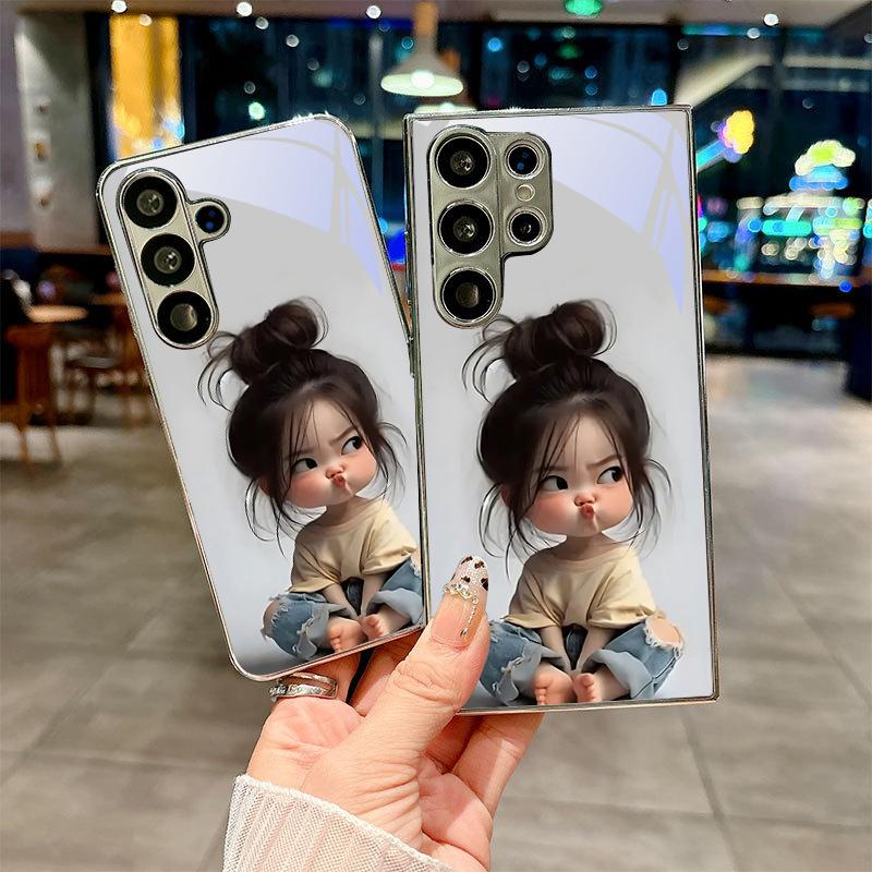 Cute Cartoon Girl Electroplated Silver Phone Case For Samsung Note 10 20 A06 A07 A12 A13 A14 A15 A16 A17 A22 A23 A25 Glass Cover