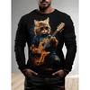Round Neck 3D Cat Printed T-shirts Casual Long Sleeved Men's T-shirts - Soft Medium Stretch Polyester Fabric Spring and Autumn Relaxed Fit Clothing