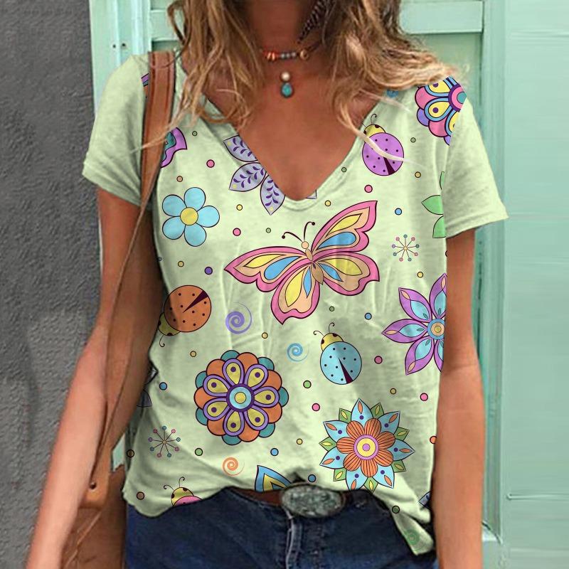 Летняя женская рубашка с V-образным вырезом и принтом в виде бабочки, свободная повседневная рубашка с короткими рукавами, футболки женские