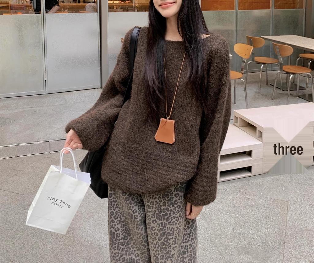 Женский корейский свитер с открытыми плечами и рукавами-фонариками - Мягкий, эластичный трикотаж, свободный крой, стройнящий, больших размеров, коллекция осень/зима