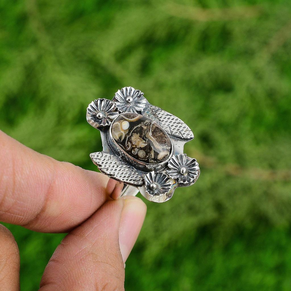 Natural Turritella Agate Promise Flower Adjustable Ring 925 Silver For Women