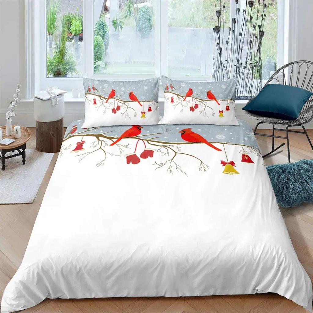 Cardinal Duvet Cover Set Red Bird Bedding Set For Child Youth Pine Tree Comforter Cover Animal Snow King Size Soft Quilt Cover