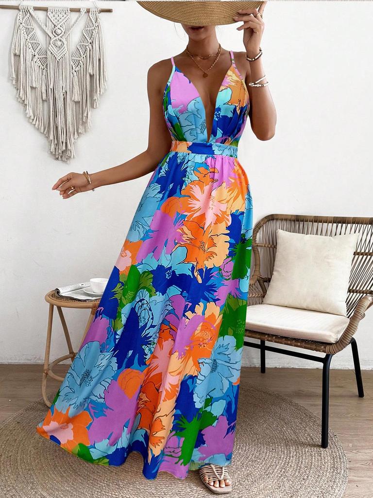 Европейское и американское платье макси без спины с радужным принтом тай-дай