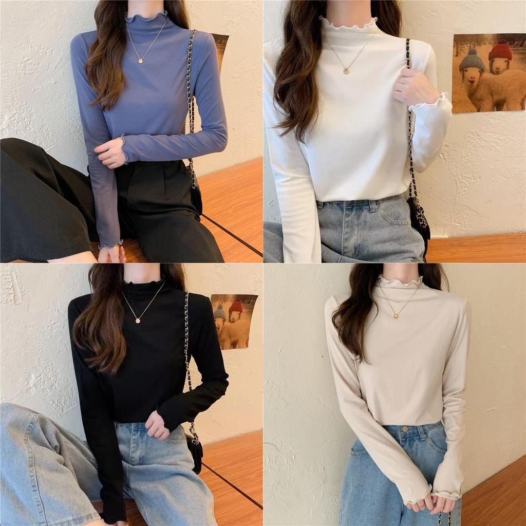 Spring Autumn Winter Knitwear T Shirt For Women With Wood Ears Trim And Half High Neck In Soft Fabric
