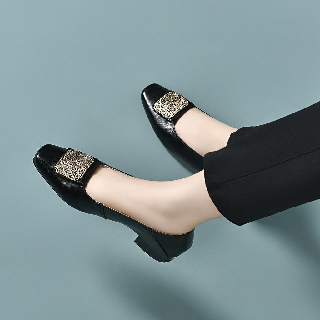 Square Head Shallow Mouth Flat Shoes Women's Autumn Light Luxury Square Buckle Small Single Shoes Comfortable One Pedal