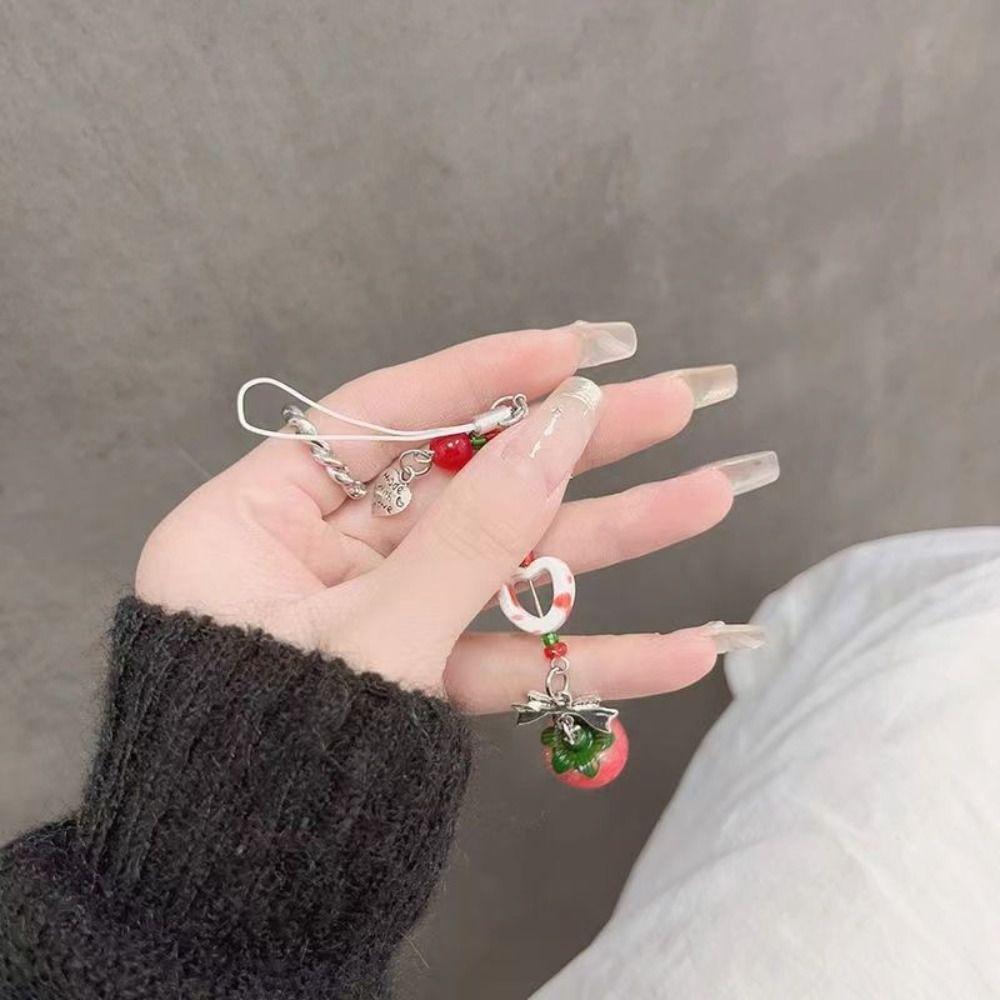 Charm 3D Strawberry Phone Strap Cute Love Heart Pendant Keychain  Bag Phone Accessories