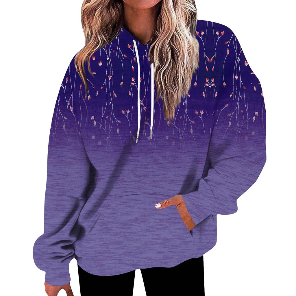 Women's Fashion Loose Casual Daily Long Sleeve Hoodie Floral/Leaf Print Sweatshirt Top
