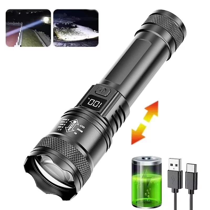 Super Bright LED Flashlight Type-C Rechargeable Long Range Tactical Torch Outdoor Waterproof Emergency Camping Fishing Lantern
