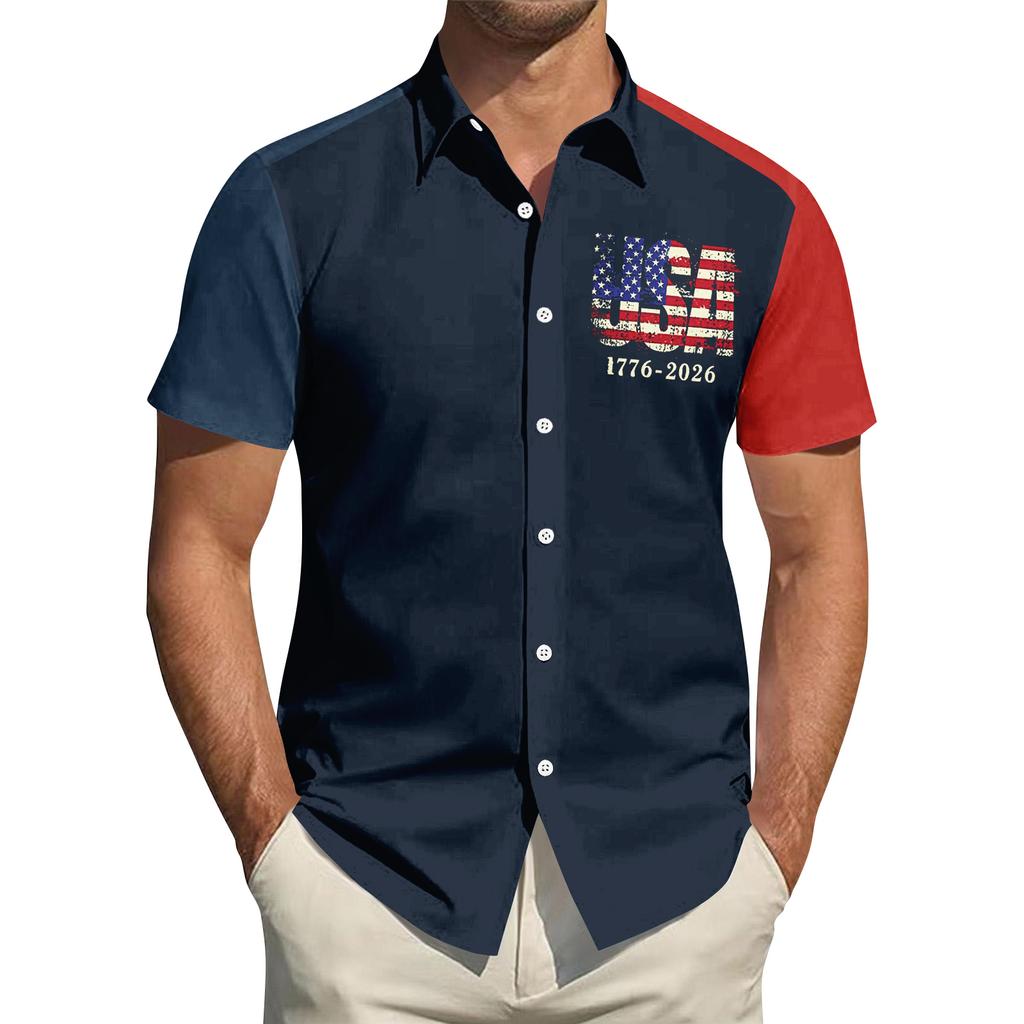 Men's Independence Day Printed Collared Top Men's Casual Sports Short-Sleeve Shirt