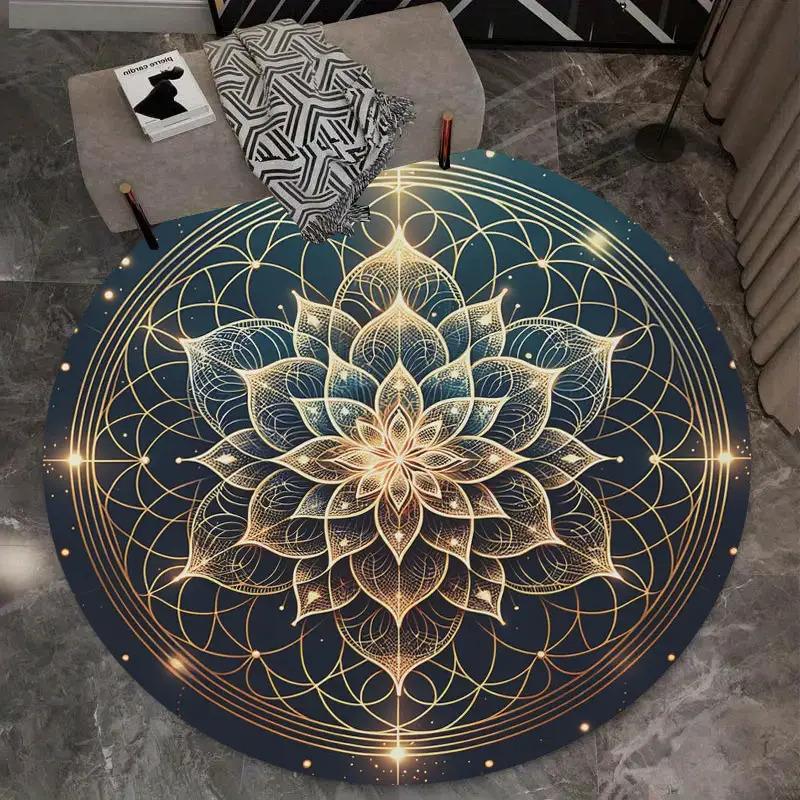 Ковер из хрустального бархата2D Плоская печать не 3D Придверный коврик 1 шт. круглый коврик с золотой мандалой - мягкий, моющийся, нескользящий плюшевый коврик с интригующим