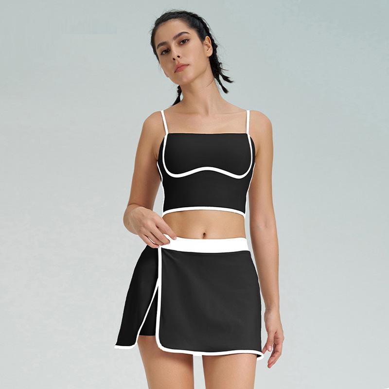 Женский стройнящий теннисный костюм контрастных цветов, быстросохнущий жилет для йоги и фитнеса со юбкой, с чашечками, комплект из двух предметов спортивной одежды.