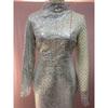 Women Sparkly Rhinestone Sequin High Neck Long Sleeve Mesh Cut Out Bodycon Maxi Dress Sheer Asymmetric Sexy Evening Cocktail Party Formal Gown