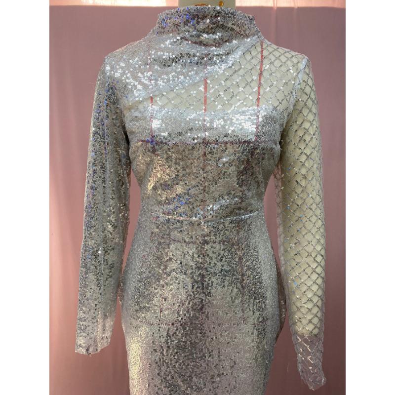 Women Sparkly Rhinestone Sequin High Neck Long Sleeve Mesh Cut Out Bodycon Maxi Dress Sheer Asymmetric Sexy Evening Cocktail Party Formal Gown