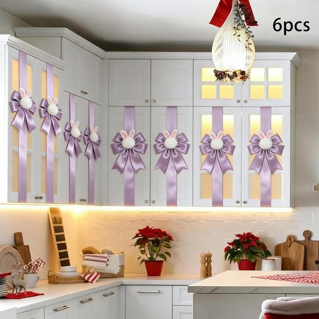 6 Easter Cabinet Door Hanging Knots Cute Plush Rabbit Ribbon Bow Decoration Suitable for Home Kitchen Furniture Decoration