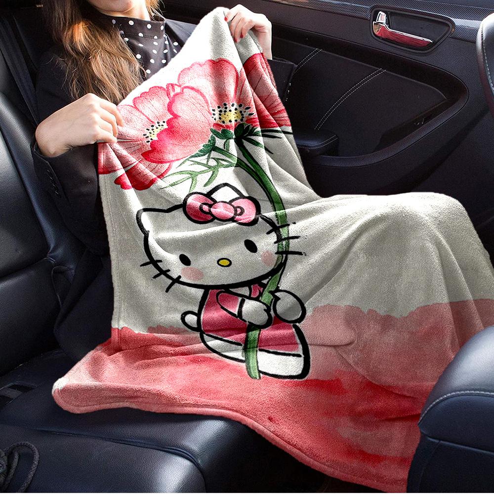 For Hello Kitty, Flower, PinkAnime-Themed Flannel Blanket, Glam Style, Digital Print, All-Season Comfort, Tear-Resistant, Knitted Craftsmans