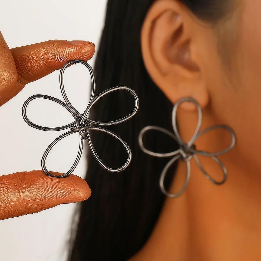 Серьги-гвоздики из полого металла с крупным цветочным узором для женщин, модные, с винтажным лепестком, аксессуары