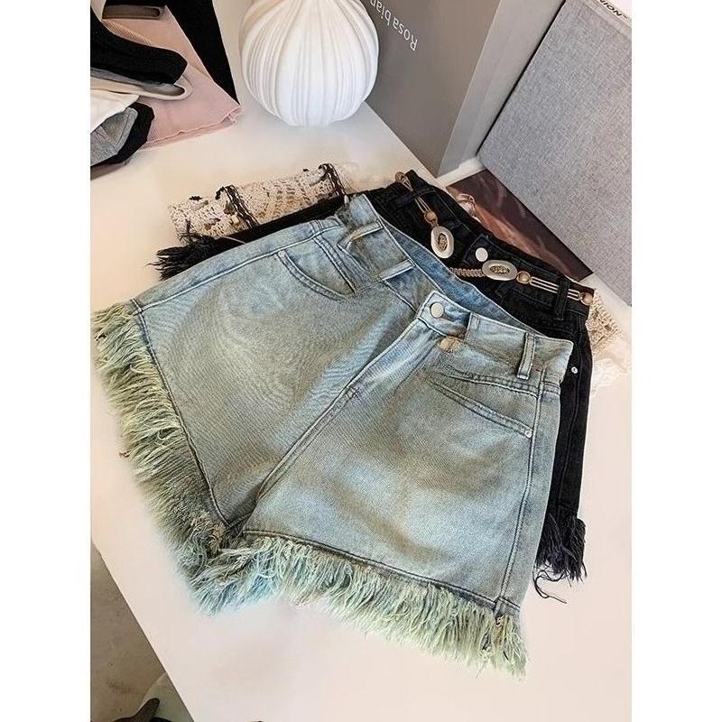 Tassel Fringed Denim Shorts for Women High Waist Thin Wide Leg A-line Half Pants Solid Color Sexy Style Ladies' Clothing