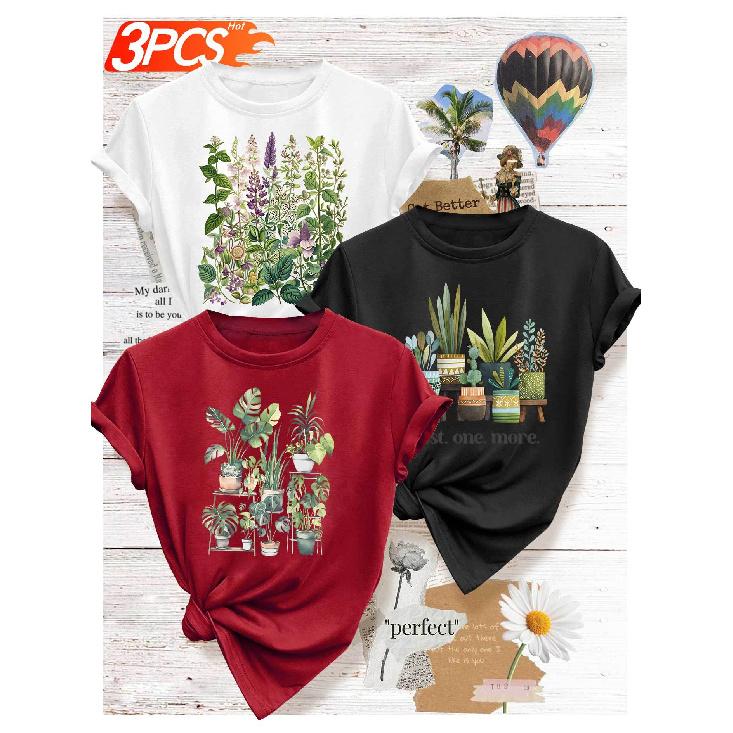 3 Elegant outfits for a girls' gathering T T-shirt with green plant and potted plant print, fresh forest style top, youthful and casual, versatile,