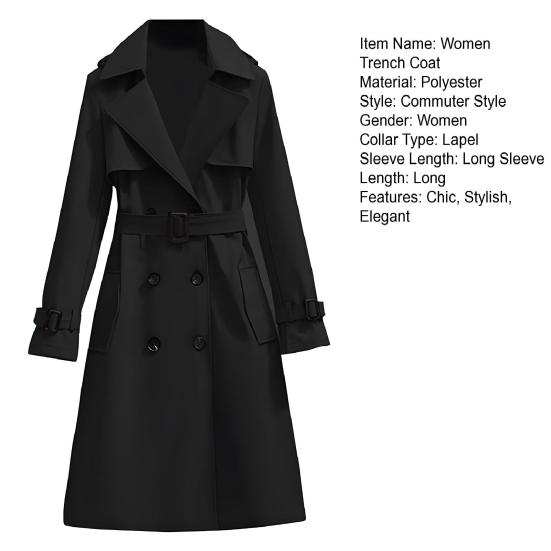 Women's Trench Coat Double-Breasted Classic Lapel Overcoat Windproof Long Belted Jacket Fall Outerwear with Pockets
