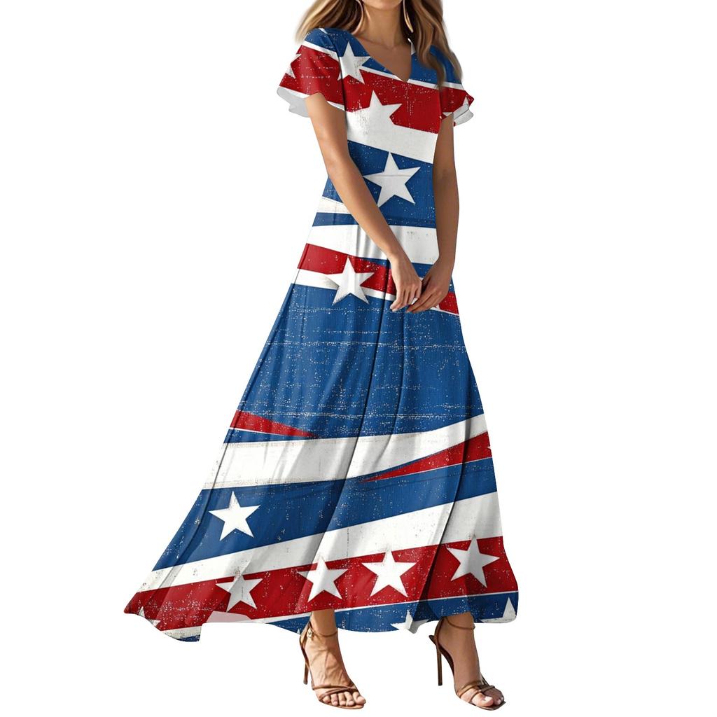 Женское повседневное платье с принтом флага Дня независимости, V-образным вырезом, короткими рукавами и высокой талией