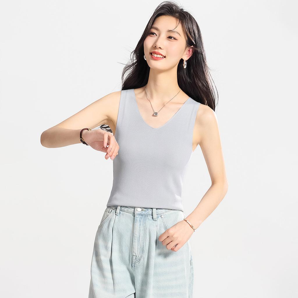 Inner sleeveless ice silk knitted base T-shirt, camisole vest, women's outerwear T-shirt, air-conditioned top, casual summer