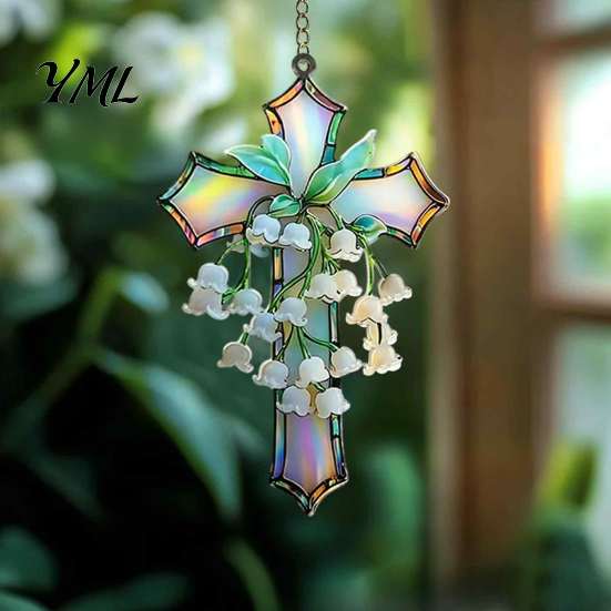 Religious Flower Ornament Lily of The Valley Suncatcher, Acrylic Stained Glass Style Hanging Pendant with Metal Chain, Elegant Floral Window
