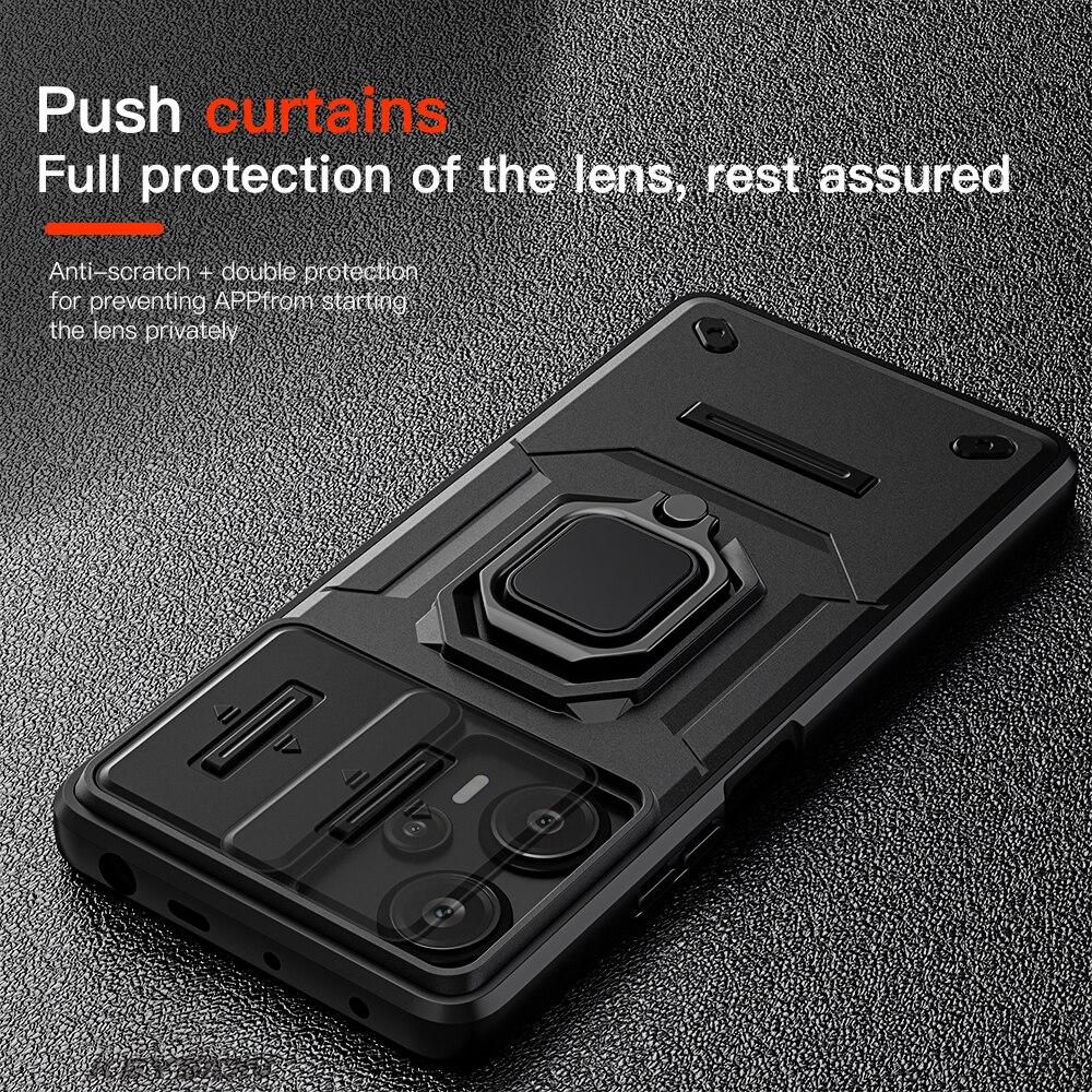 KEYSION Shockproof Armor Case for Xiaomi POCO F5 Slide Camera Lens Protection Ring Stand Phone Back Cover for Redmi Note 12S 4G