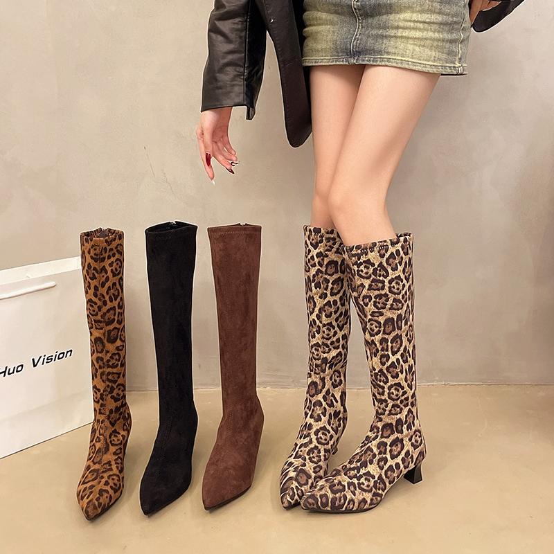 Winter Women Stretch Modern Boots Fashion Leopard Print Shoes Ladies Sexy High Heel Long Booties