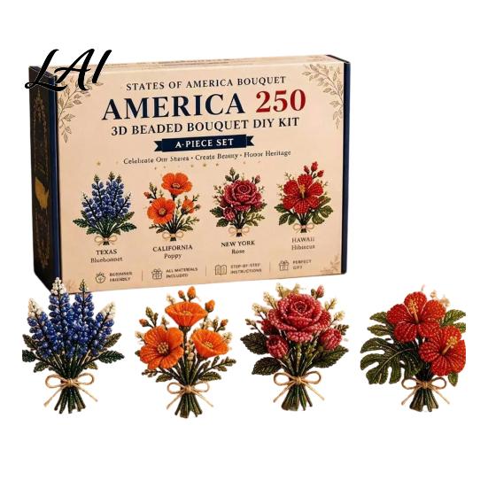 Handmade Flower Bouquet 3D Beading Kit America 250th Anniversary Beaded DIY Small Kit Bead Art Set for Adults Beginners Office Decoration Craft