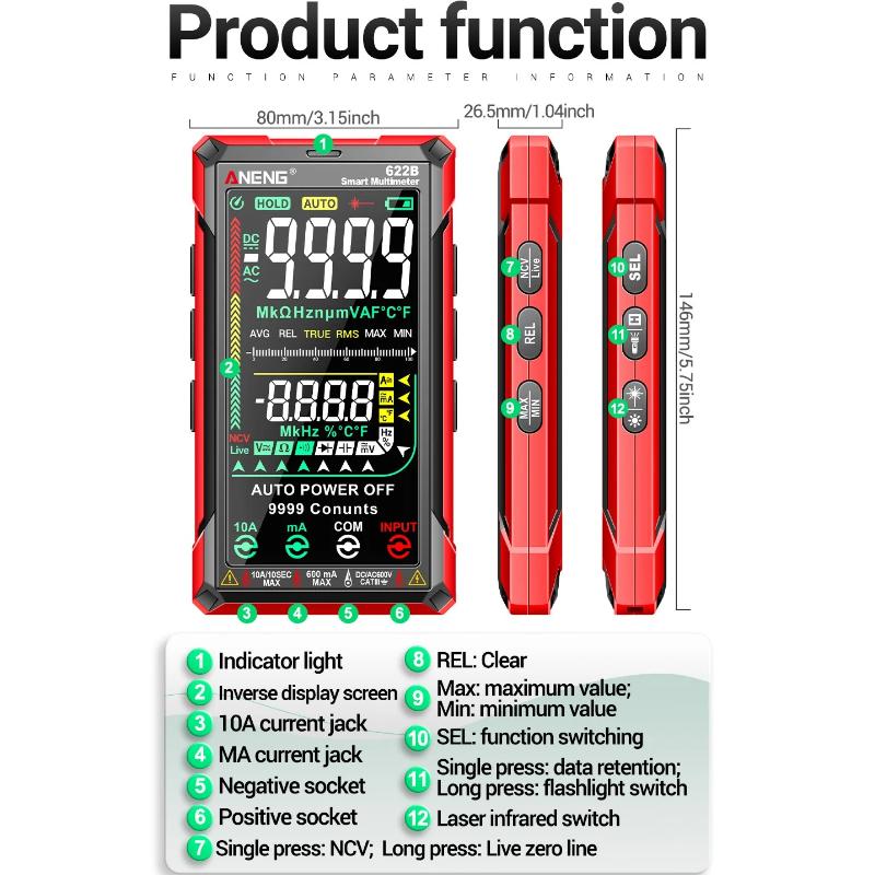 Portable ANENG Digital Multimeter 622B Smart Auto Range 9999 Counts AC Voltage Resistance Ohm Capacitance Hz Tester Meter Test Tools for Electrician