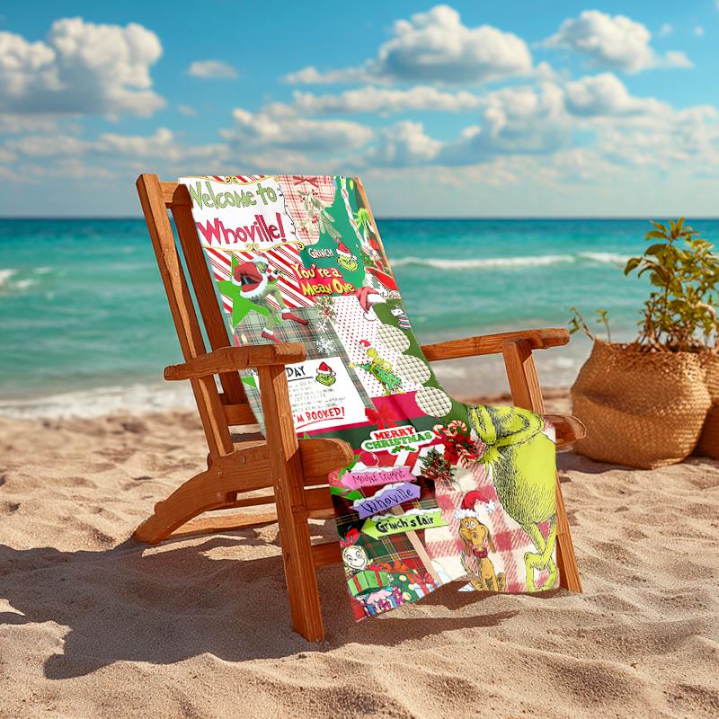 1Pc Christmas Grinch Whoville Decorations Beach Towel, Quick Dry, Multi-Use for Beach Pool Gym Yoga Home Travel, Christmas, Halloween, Xmas Gift S650