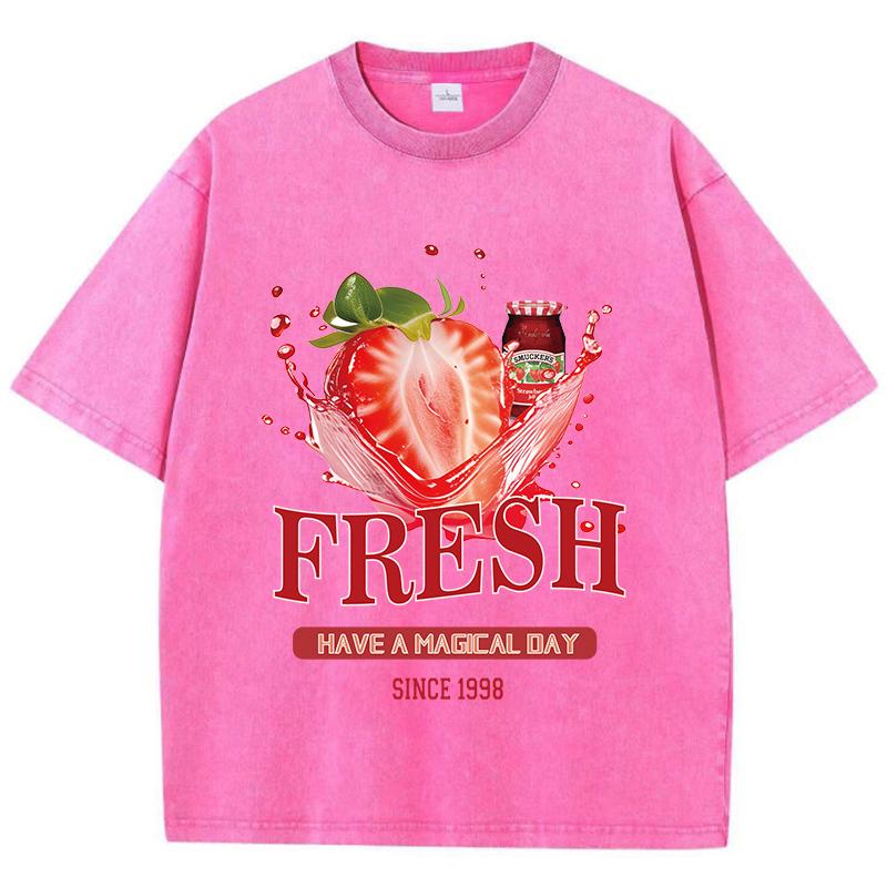 Хлопковые женские футболки с кислотной стиркой, футболки с принтом свежей клубники, оверсайз, удобные, с круглым вырезом, с коротким рукавом, повседневная одежда