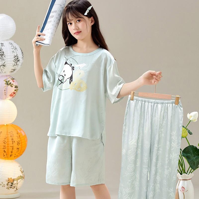 Girls Ice Silk Pajama Set Lightweight 3-Piece Chinese Style Sleepwear Kids Ages 8